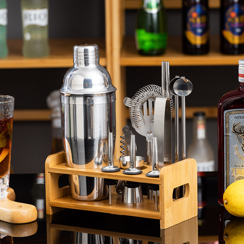 Set de 13 piese din oțel inoxidabil pentru cocktailuri, cu suport din lemn