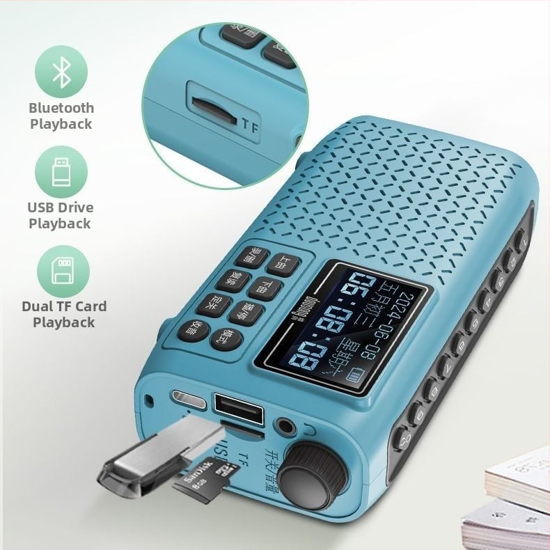 DX90 Bluetooth rádio s dvojitými slotmi na karty, USB disk, nahrávanie, opakované prehrávanie, zobrazenie textov a časovač