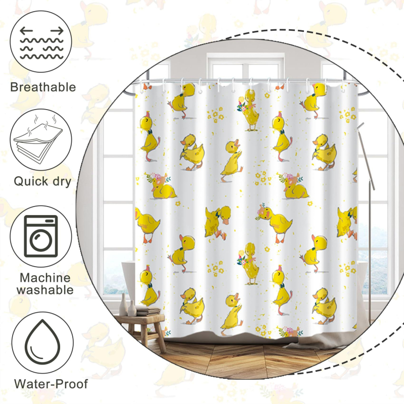 Curtină de duș cu rață drăguță – model galben, impermeabil, set cu cârlige