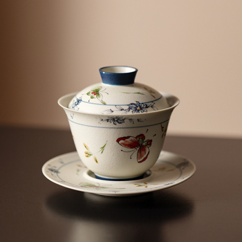 Set de ceai Kung Fu în stil antic, cu design roz de orhidee-fluture, include gaiwan, cești de ceai și ceainic ceramic — set complet pentru camera de ceai premium