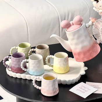 Set ceramic de ceai, ceainic și pahare pentru uz casnic — stil modern de artă, cu model glaciar și textură ciocănită