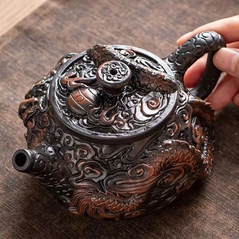 Ceainic lucrat manual din lut mov mineral, cu gravură 3D a dragonului norocos, capacitate mare, set Kung Fu pentru ceai