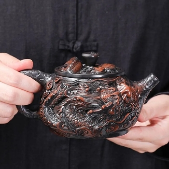 Ceainic lucrat manual din lut mov mineral, cu gravură 3D a dragonului norocos, capacitate mare, set Kung Fu pentru ceai