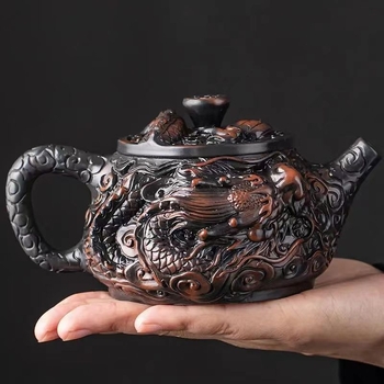Ceainic lucrat manual din lut mov mineral, cu gravură 3D a dragonului norocos, capacitate mare, set Kung Fu pentru ceai