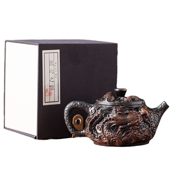 Ceainic lucrat manual din lut mov mineral, cu gravură 3D a dragonului norocos, capacitate mare, set Kung Fu pentru ceai