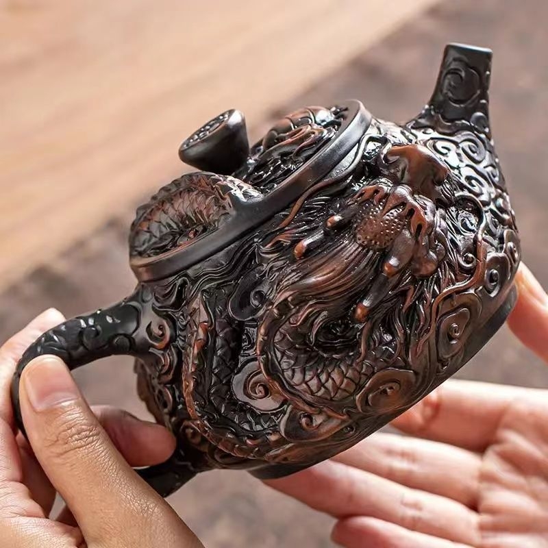 Ceainic lucrat manual din lut mov mineral, cu gravură 3D a dragonului norocos, capacitate mare, set Kung Fu pentru ceai