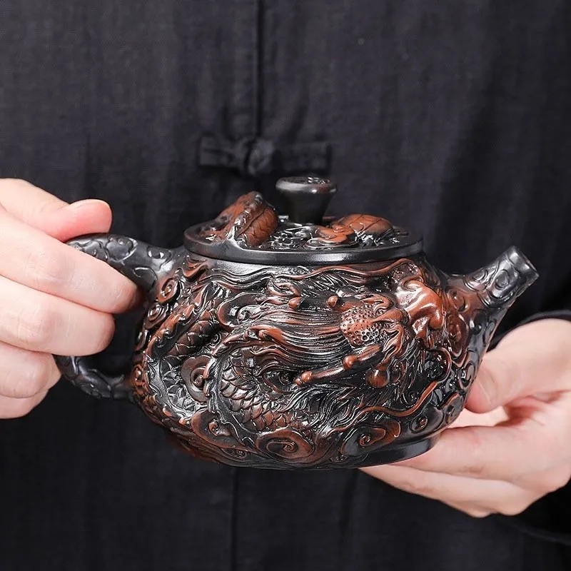 Ceainic lucrat manual din lut mov mineral, cu gravură 3D a dragonului norocos, capacitate mare, set Kung Fu pentru ceai