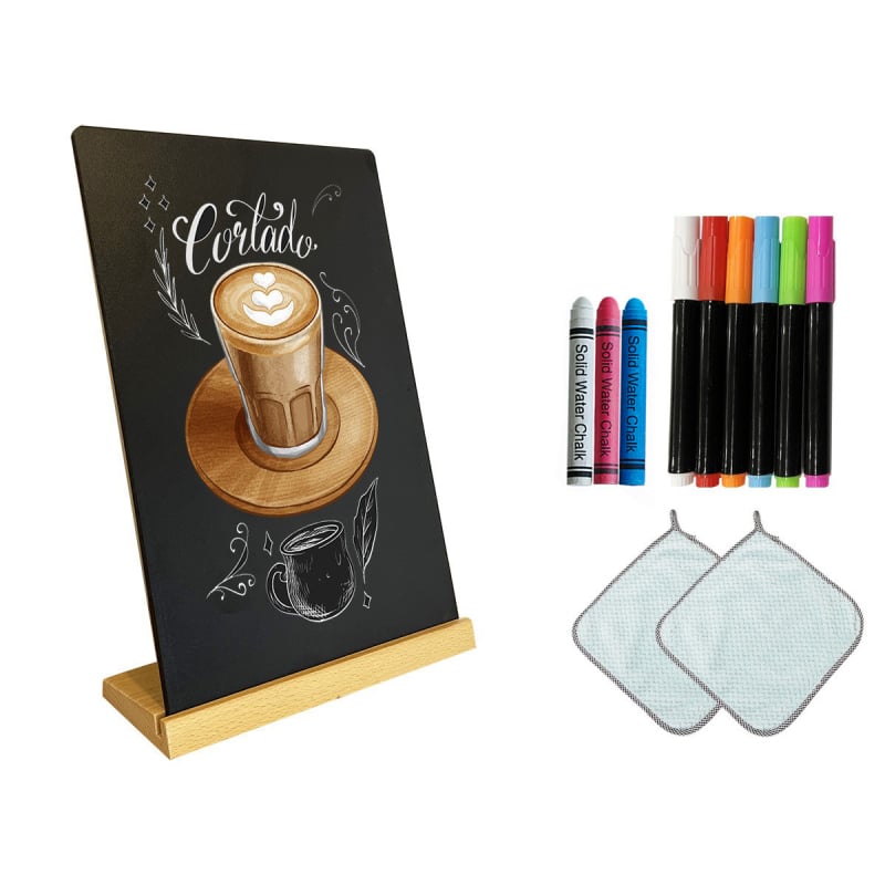 Tablă mică pictată manual cu bază din fag, meniu cafea și ceai cu lapte, cu două fețe, model 107-2, tejghea