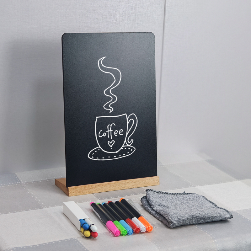 Tablă mică pictată manual cu bază din fag, meniu cafea și ceai cu lapte, cu două fețe, model 107-2, tejghea
