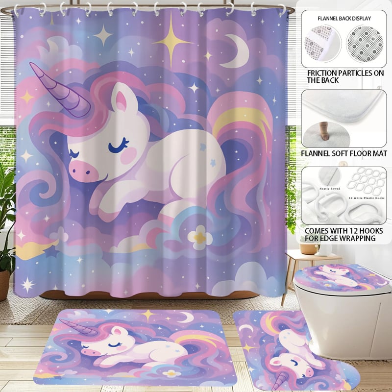 Cortină de duș din poliester, cu unicorn personalizat, imprimare 3D, fără găuri, set de patru piese