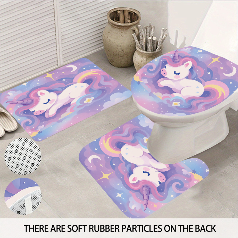 Cortină de duș din poliester, cu unicorn personalizat, imprimare 3D, fără găuri, set de patru piese