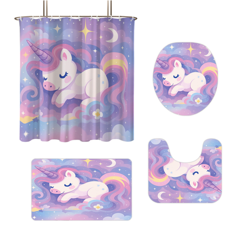Cortină de duș din poliester, cu unicorn personalizat, imprimare 3D, fără găuri, set de patru piese