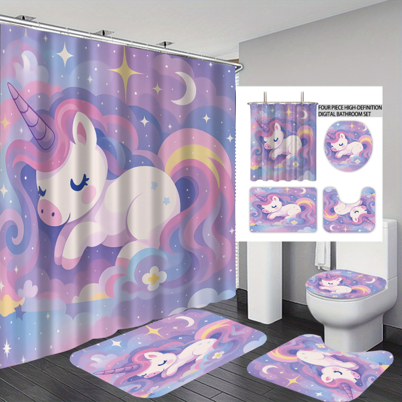 Cortină de duș din poliester, cu unicorn personalizat, imprimare 3D, fără găuri, set de patru piese