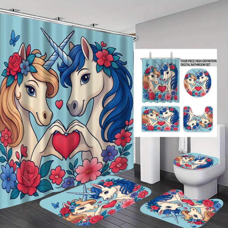 Cortină de duș din poliester, cu unicorn personalizat, imprimare 3D, fără găuri, set de patru piese