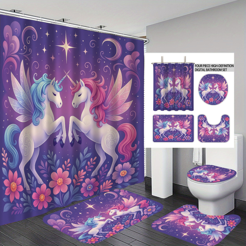 Cortină de duș din poliester, cu unicorn personalizat, imprimare 3D, fără găuri, set de patru piese