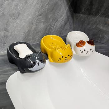 Sapunier ceramic cu pisică tricolor în stil japonez pentru baie și bucătărie