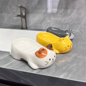 Sapunier ceramic cu pisică tricolor în stil japonez pentru baie și bucătărie