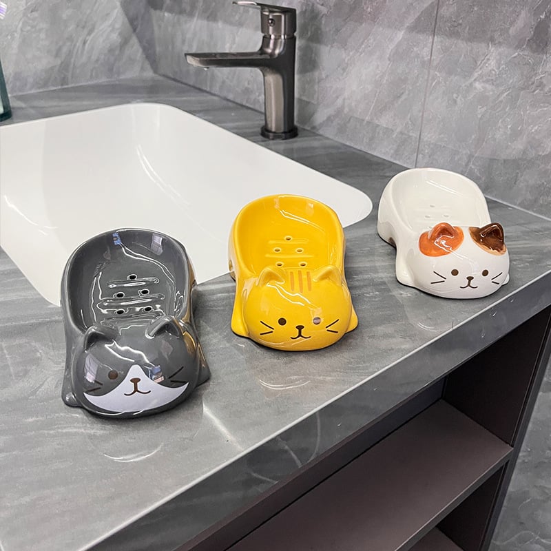 Sapunier ceramic cu pisică tricolor în stil japonez pentru baie și bucătărie