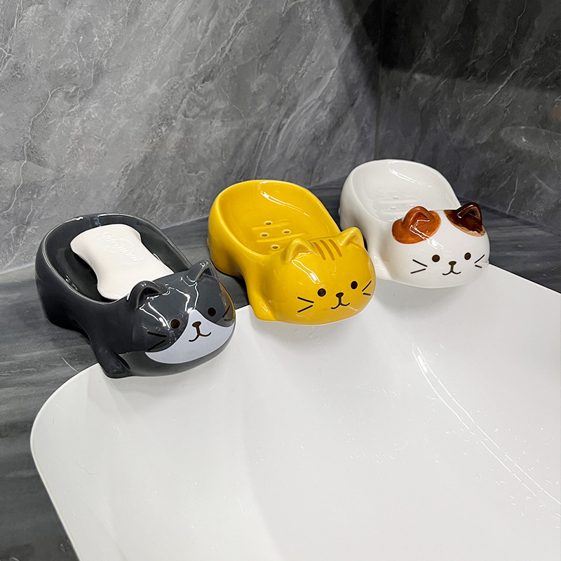 Sapunier ceramic cu pisică tricolor în stil japonez pentru baie și bucătărie