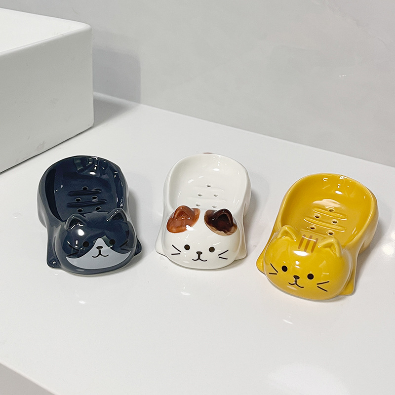 Sapunier ceramic cu pisică tricolor în stil japonez pentru baie și bucătărie