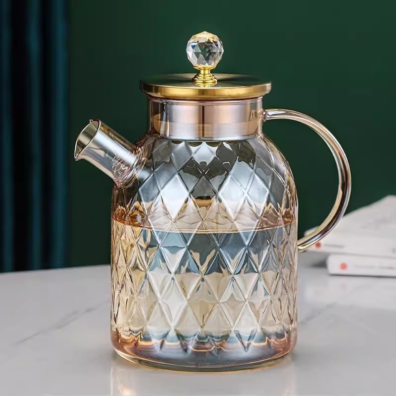 Ceainic din sticlă borosilicată ambră pentru apă rece, rezistent la temperaturi ridicate, capacitate mare, stil nordic, textură ciocănită