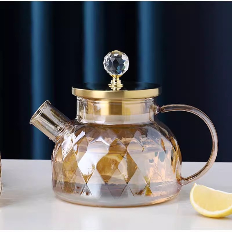 Ceainic din sticlă borosilicată ambră pentru apă rece, rezistent la temperaturi ridicate, capacitate mare, stil nordic, textură ciocănită