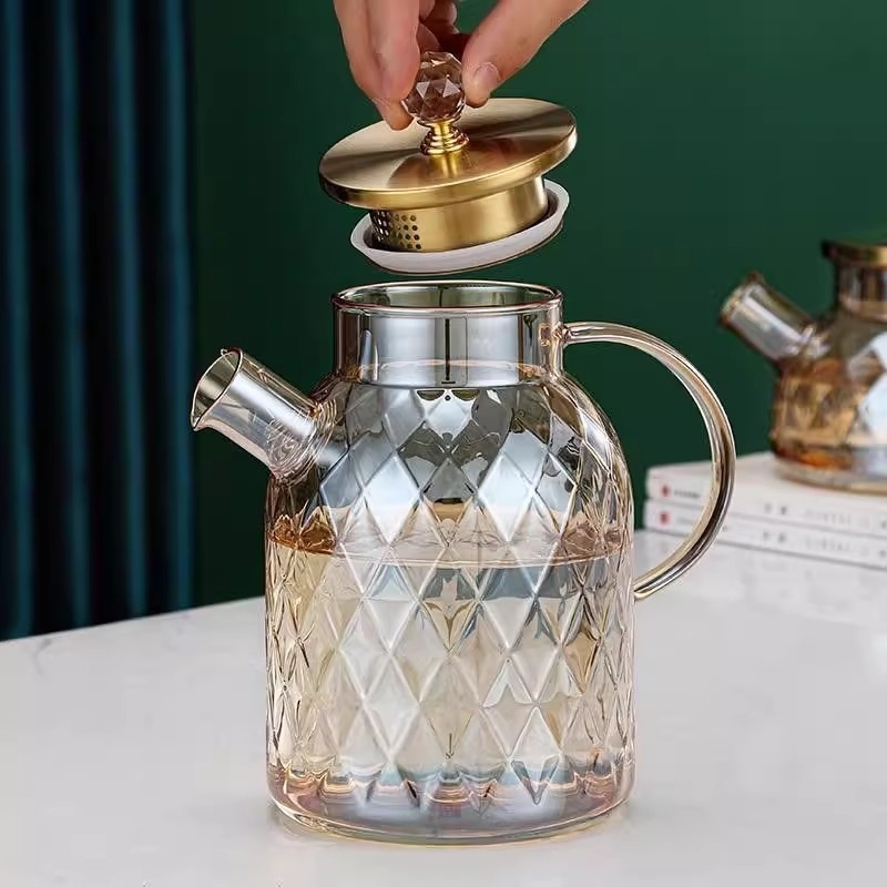 Ceainic din sticlă borosilicată ambră pentru apă rece, rezistent la temperaturi ridicate, capacitate mare, stil nordic, textură ciocănită