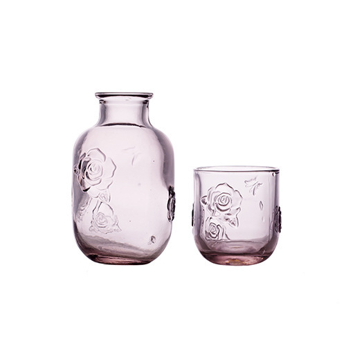 Ceainic de apă din sticlă în stil American Retro, ceainic în formă de floare cu relief, ceainic pentru noptieră cu relief, set de pahare din sticlă groasă, pahare de vin galben