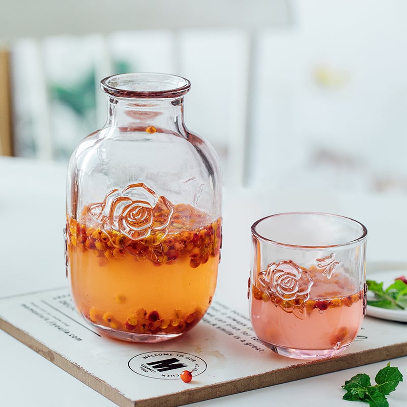 Ceainic de apă din sticlă în stil American Retro, ceainic în formă de floare cu relief, ceainic pentru noptieră cu relief, set de pahare din sticlă groasă, pahare de vin galben