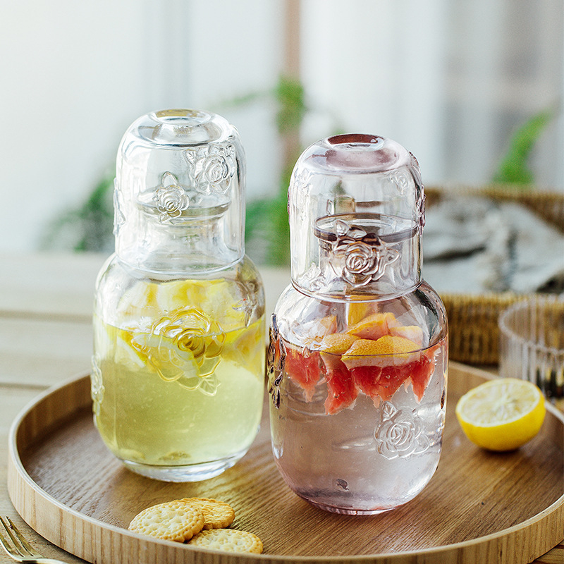 Ceainic de apă din sticlă în stil American Retro, ceainic în formă de floare cu relief, ceainic pentru noptieră cu relief, set de pahare din sticlă groasă, pahare de vin galben