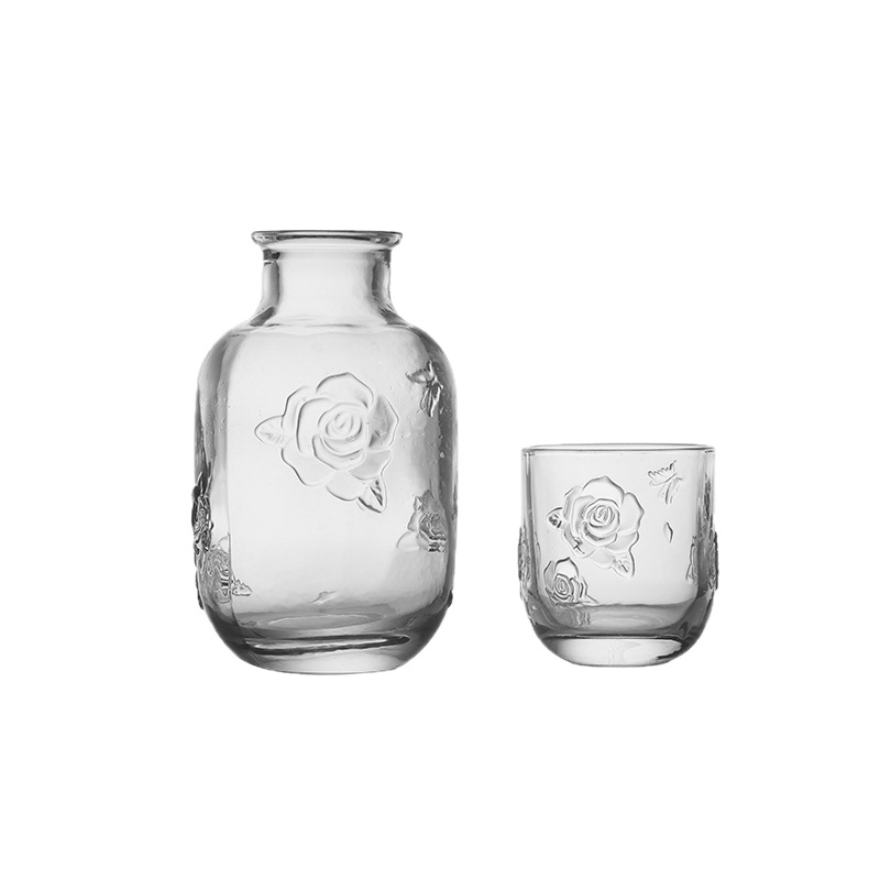 Ceainic de apă din sticlă în stil American Retro, ceainic în formă de floare cu relief, ceainic pentru noptieră cu relief, set de pahare din sticlă groasă, pahare de vin galben