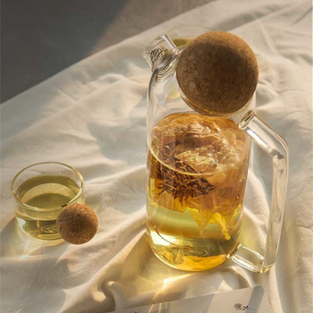 Carafă de apă din sticlă borosilicat transparentă, dop rotund din plută, capacitate mare, mai multe dimensiuni, design minimalist modern pentru uz casnic și întâmpinarea oaspeților.