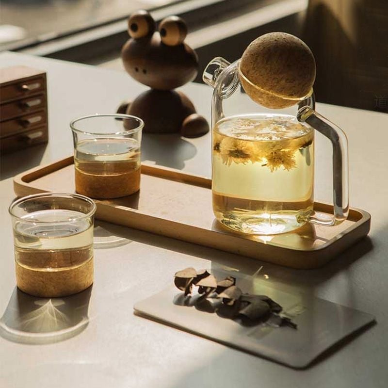 Carafă de apă din sticlă borosilicat transparentă, dop rotund din plută, capacitate mare, mai multe dimensiuni, design minimalist modern pentru uz casnic și întâmpinarea oaspeților.