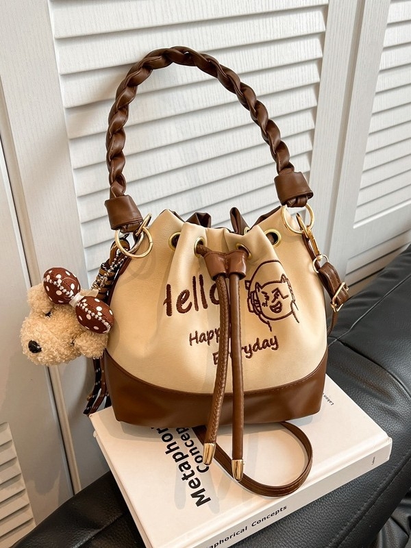 Nova ženska torba bucket s pletenom ručkom, crossbody remen, PU materijal, svakodnevni casual stil