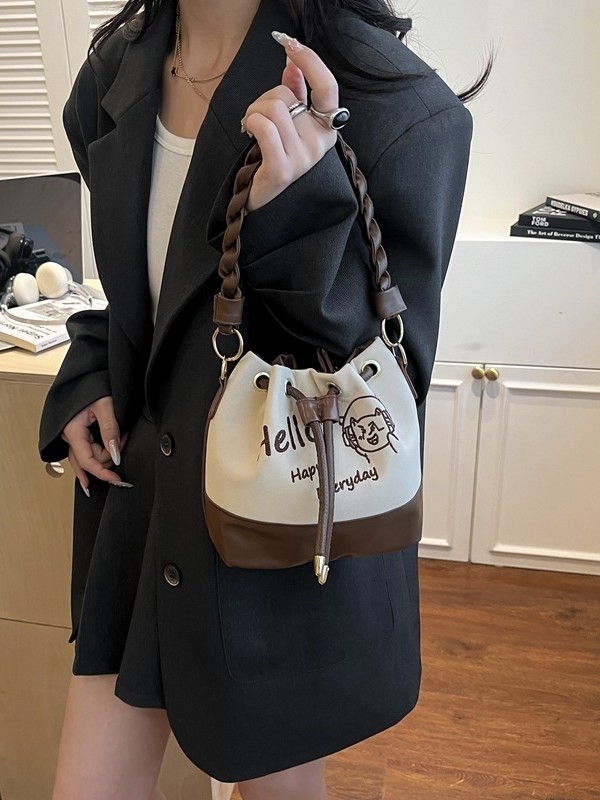 Nova ženska torba bucket s pletenom ručkom, crossbody remen, PU materijal, svakodnevni casual stil