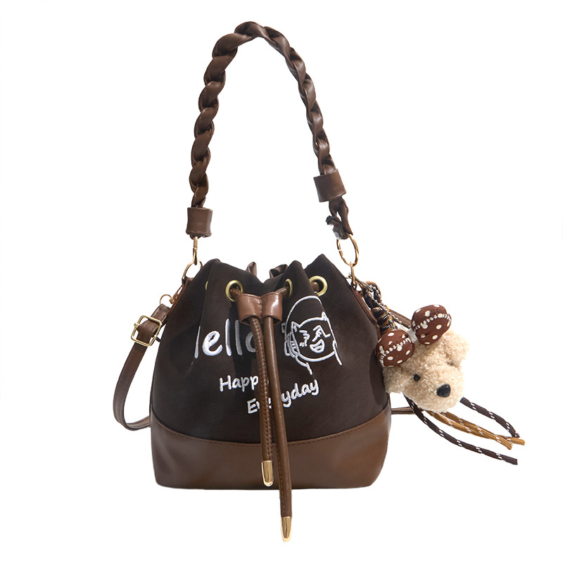 Nova ženska torba bucket s pletenom ručkom, crossbody remen, PU materijal, svakodnevni casual stil