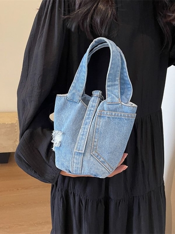Denim bucket bag s dizajnom inspiriranim košem za povrće za žene, ulični stil, mala ručna torba