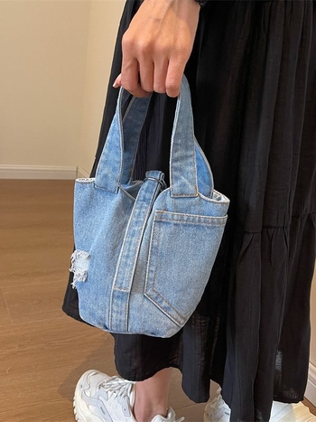 Denim bucket bag s dizajnom inspiriranim košem za povrće za žene, ulični stil, mala ručna torba