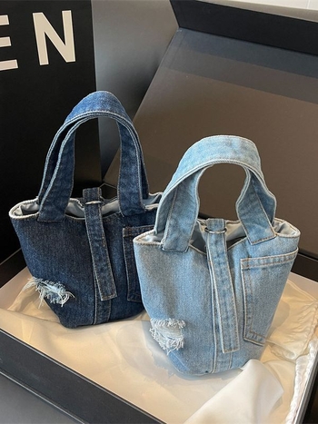 Denim bucket bag s dizajnom inspiriranim košem za povrće za žene, ulični stil, mala ručna torba