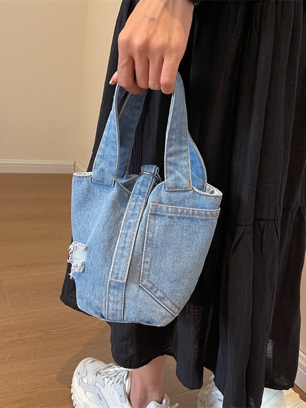 Denim bucket bag s dizajnom inspiriranim košem za povrće za žene, ulični stil, mala ručna torba