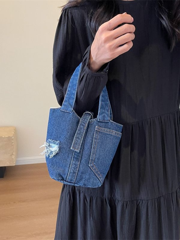 Denim bucket bag s dizajnom inspiriranim košem za povrće za žene, ulični stil, mala ručna torba