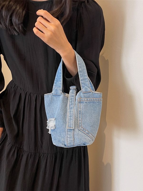 Denim bucket bag s dizajnom inspiriranim košem za povrće za žene, ulični stil, mala ručna torba