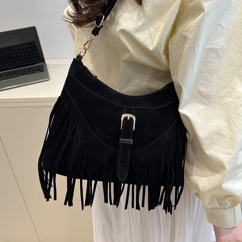 2024. zimska retro torba s resicama za žene – polumjesnog oblika, crossbody torba s jednim remenom, PU koža