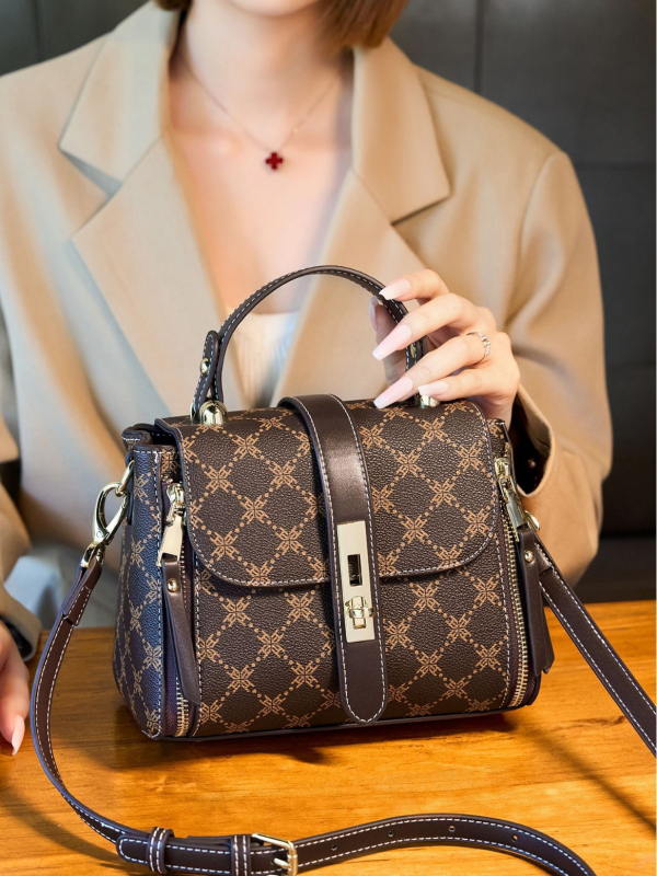 Ženska crossbody torba s kopčom za zaključavanje, karirani uzorak, mala kvadratna torba s laganim luksuznim otiskom