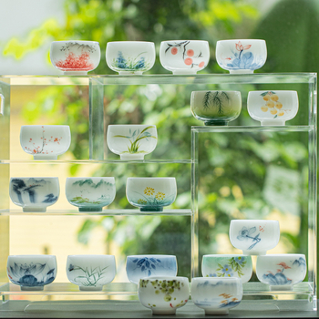 Ceșuță din porțelan jad pictată manual, set Gongfu pentru ceai, ceașcă ceramică cu colorare sub glazură pentru meditație, ceașcă de ceai din porțelan alb-înghețat, o singură ceașcă