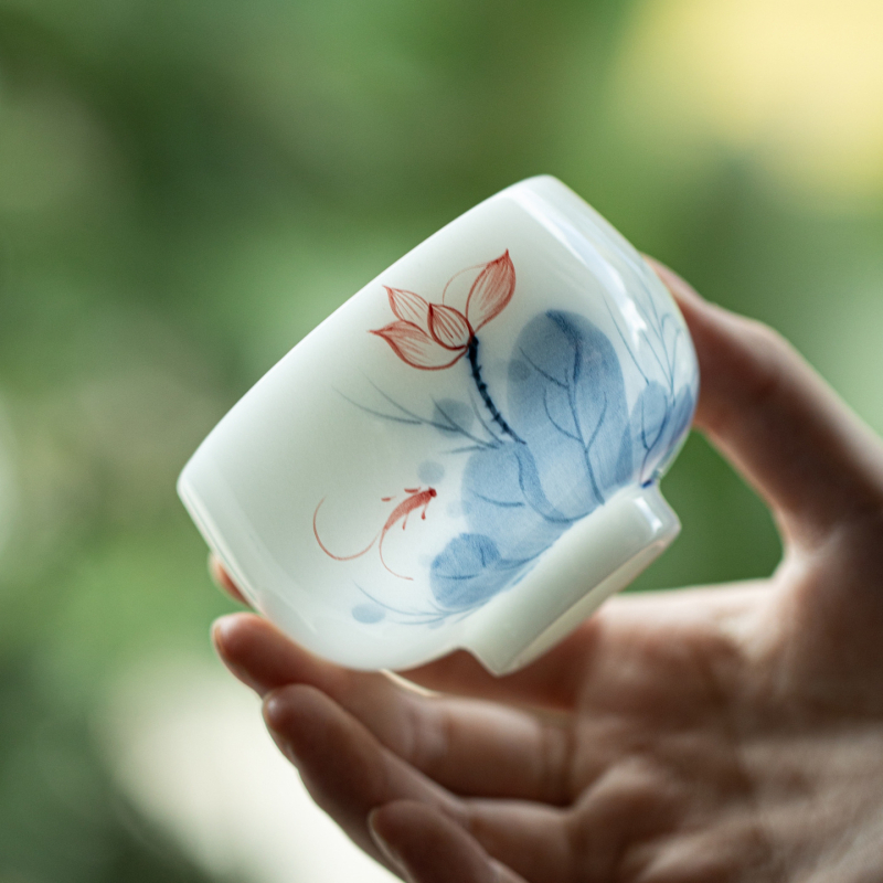 Ceșuță din porțelan jad pictată manual, set Gongfu pentru ceai, ceașcă ceramică cu colorare sub glazură pentru meditație, ceașcă de ceai din porțelan alb-înghețat, o singură ceașcă