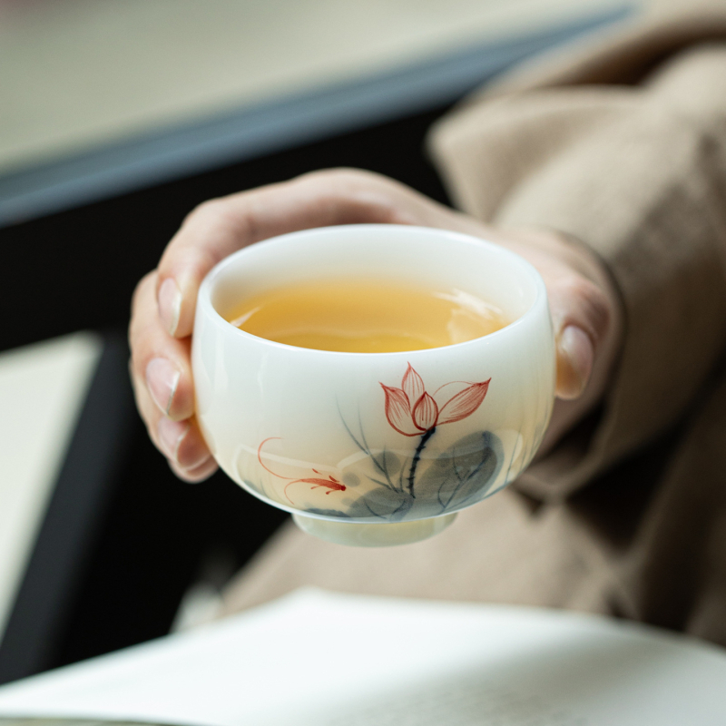 Ceșuță din porțelan jad pictată manual, set Gongfu pentru ceai, ceașcă ceramică cu colorare sub glazură pentru meditație, ceașcă de ceai din porțelan alb-înghețat, o singură ceașcă