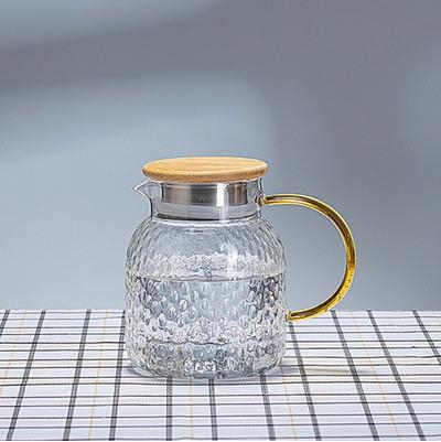 Cană de sticlă pentru sucuri și băuturi reci, capac din oțel înfășurat în bambus, capacitate mare, textură granule de orez, sticlă borosilikat, pentru sucuri și băuturi reci