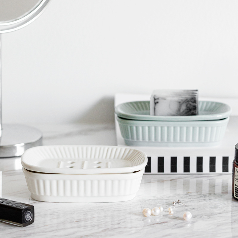 Cutie pentru săpun ceramică, stil nordic minimalist, cu două niveluri și tavă de drenaj