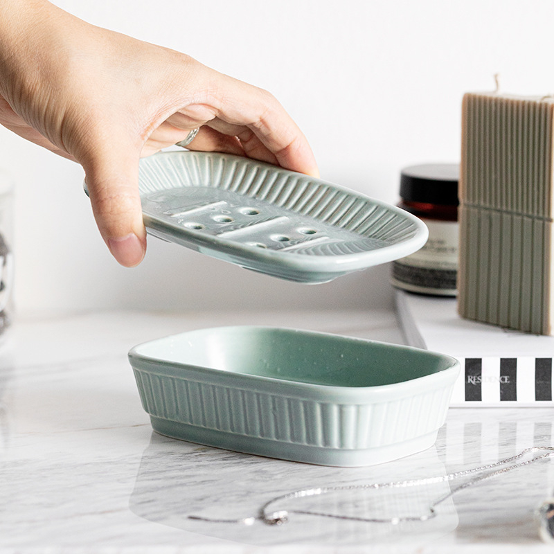 Cutie pentru săpun ceramică, stil nordic minimalist, cu două niveluri și tavă de drenaj